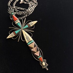 Sterling Zuni Adeline Bownannie Turquoise MOP Onyx  Coral inlay mosaic cross